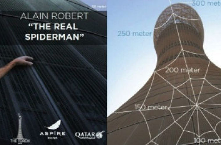 Alain Robert climbing The Torch Doha with bare hands